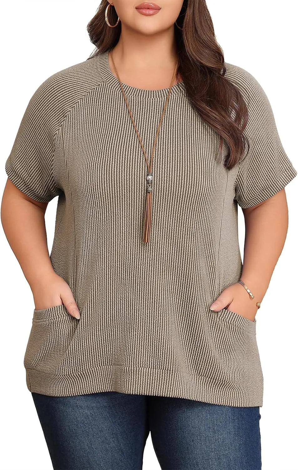 Lastshe Womens Plus Size Short Sleeves Shirts Summer Loose Ribbed Tops Dressy Casual Blouses with Pockets for Leggings 2025