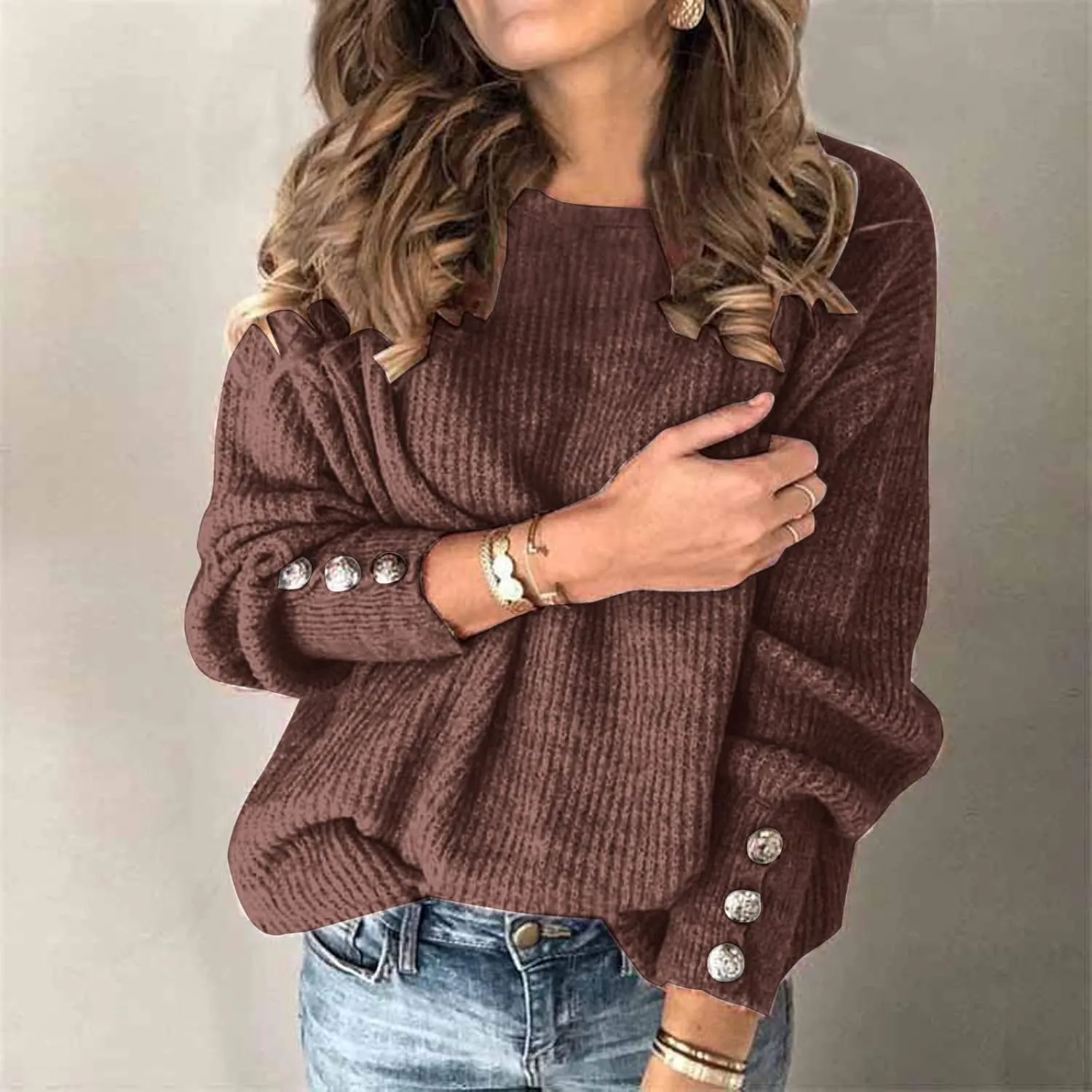 LCMTWX Oversized Sweater for Women Loose Women Sleeve Button Knitted Turtleneck Sweater Round Neck Striped Pullover Fashion