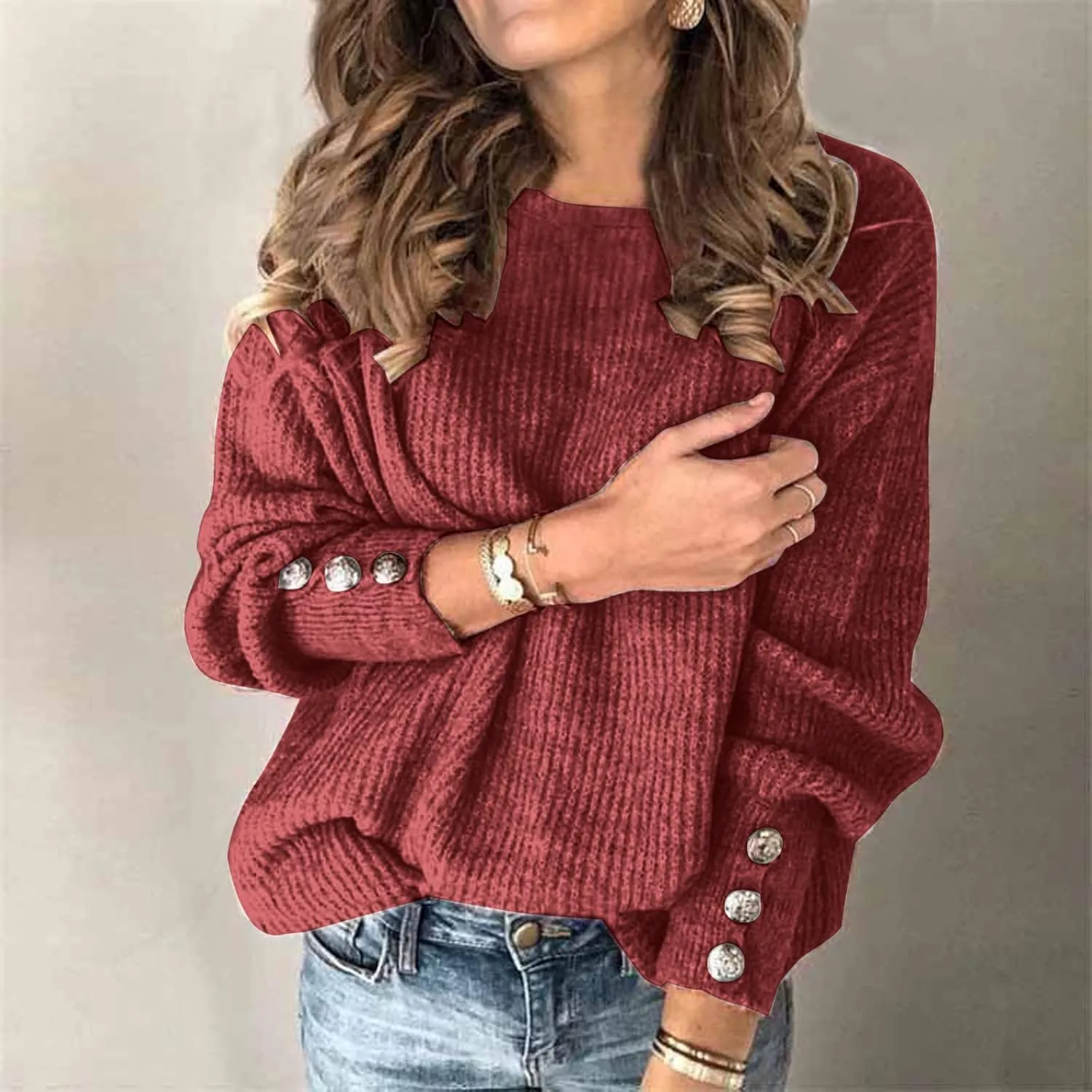 LCMTWX Oversized Sweater for Women Loose Women Sleeve Button Knitted Turtleneck Sweater Round Neck Striped Pullover Fashion