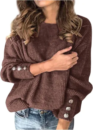 LCMTWX Oversized Sweater for Women Loose Women Sleeve Button Knitted Turtleneck Sweater Round Neck Striped Pullover Fashion