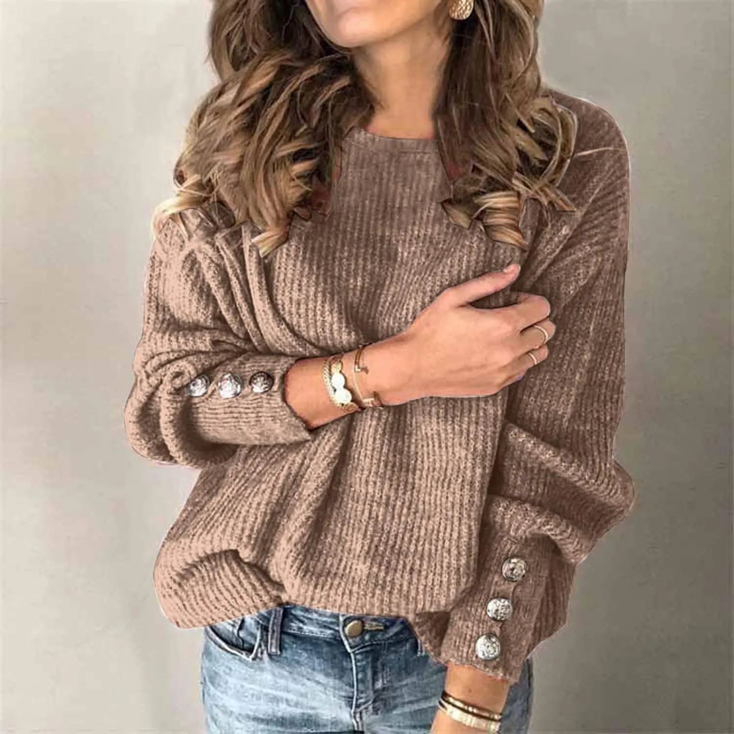 LCMTWX Oversized Sweater for Women Loose Women Sleeve Button Knitted Turtleneck Sweater Round Neck Striped Pullover Fashion