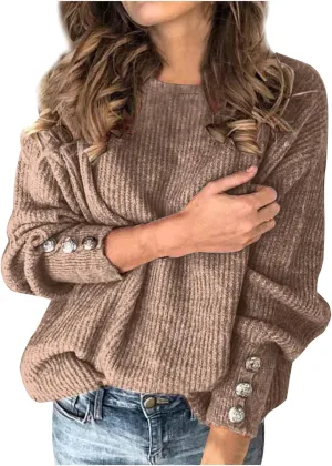 LCMTWX Oversized Sweater for Women Loose Women Sleeve Button Knitted Turtleneck Sweater Round Neck Striped Pullover Fashion