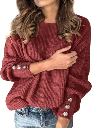 LCMTWX Oversized Sweater for Women Loose Women Sleeve Button Knitted Turtleneck Sweater Round Neck Striped Pullover Fashion
