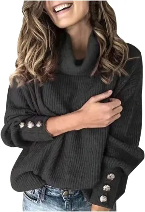 LCMTWX Sweaters for Women Sweater Button Long Pullover Women Tops Turtleneck Sweater Fall Sweaters Round Neck Slim Fitting