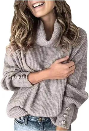 LCMTWX Womens Plus Size Sweater Button Long Pullover Women Tops Turtleneck Sweater Fall Fuzzy Knit Warm Pullover Sweater