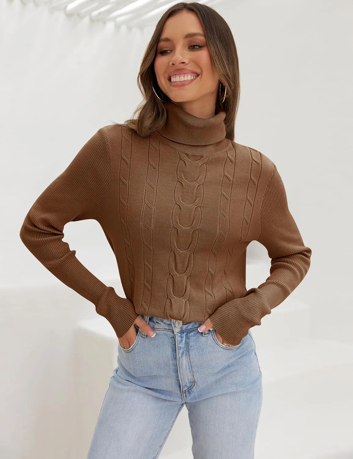LEANI Womens 2024 Turtleneck Sweaters Cable Knit Long Sleeve Pullover Sweater Jumper