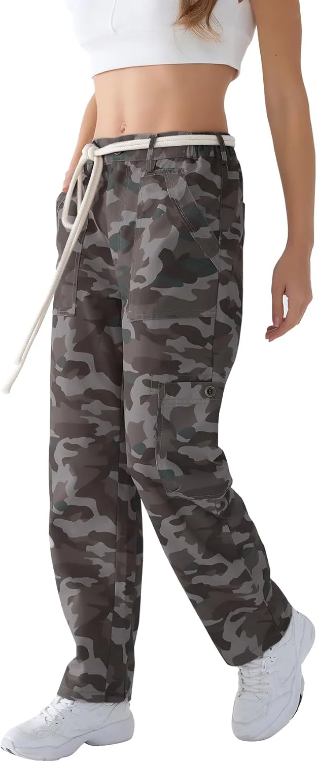 LifeShe Camo Cargo Pants for Women Army Camouflage Mid Rise Wide Straight Leg Trousers with Belt