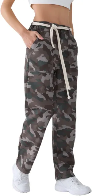 LifeShe Camo Cargo Pants for Women Army Camouflage Mid Rise Wide Straight Leg Trousers with Belt