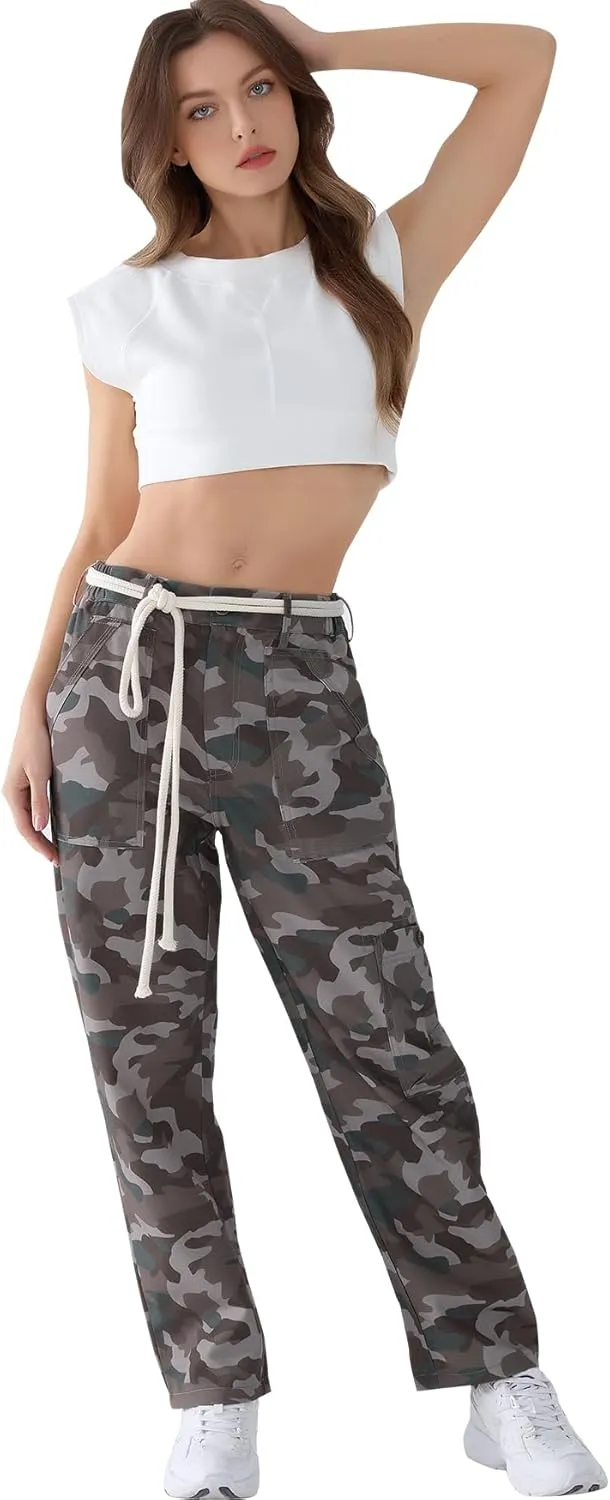 LifeShe Camo Cargo Pants for Women Army Camouflage Mid Rise Wide Straight Leg Trousers with Belt