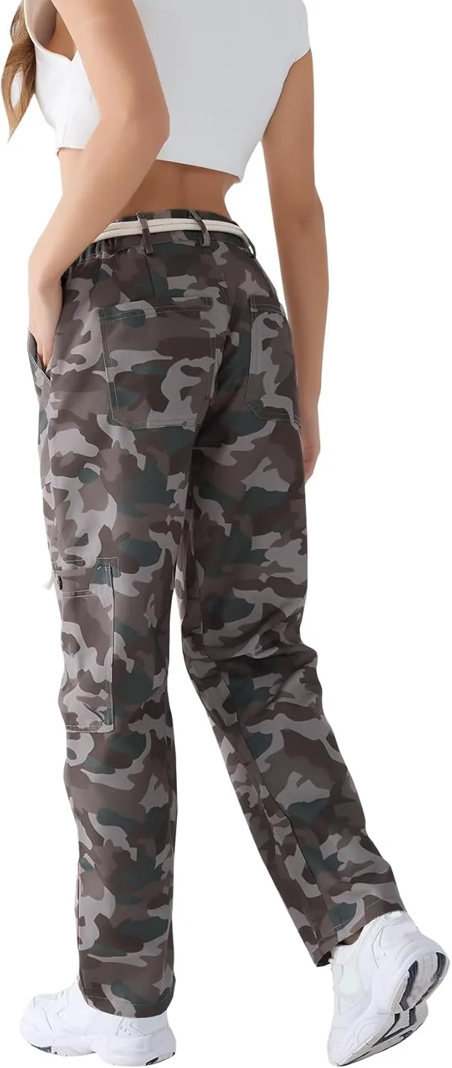 LifeShe Camo Cargo Pants for Women Army Camouflage Mid Rise Wide Straight Leg Trousers with Belt