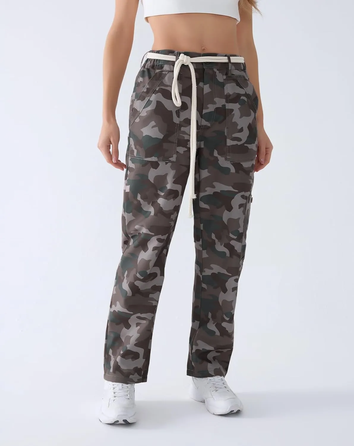 LifeShe Camo Cargo Pants for Women Army Camouflage Mid Rise Wide Straight Leg Trousers with Belt