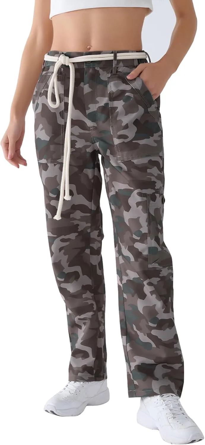 LifeShe Camo Cargo Pants for Women Army Camouflage Mid Rise Wide Straight Leg Trousers with Belt