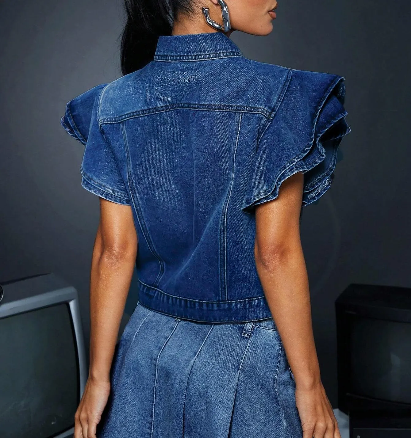 LifeShe Cropped Denim Jacket for Women Summer Ruffle Sleeve Button Down Crop Jean Jacket Casual