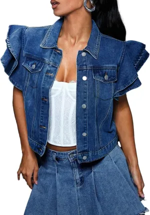 LifeShe Cropped Denim Jacket for Women Summer Ruffle Sleeve Button Down Crop Jean Jacket Casual