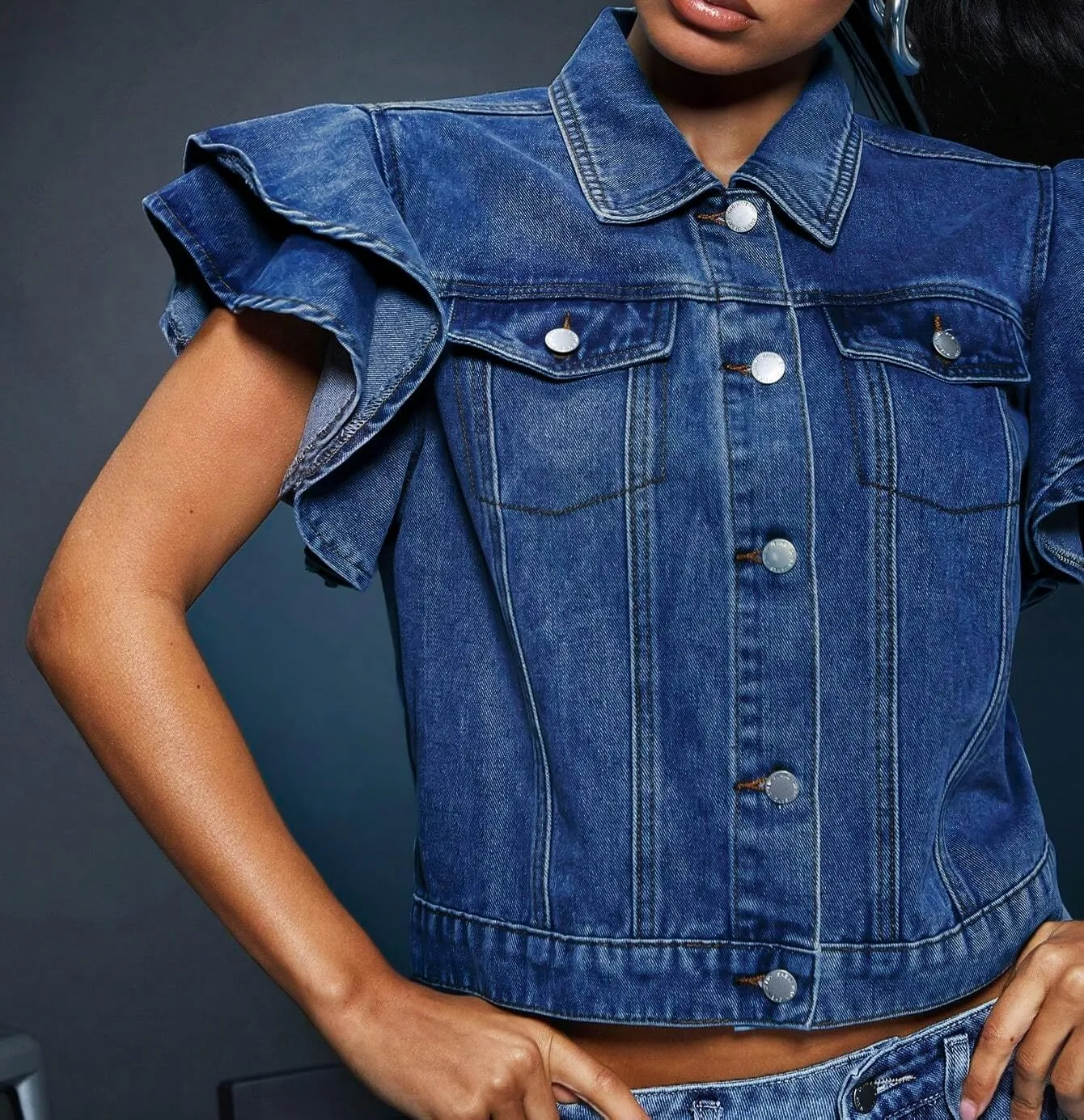 LifeShe Cropped Denim Jacket for Women Summer Ruffle Sleeve Button Down Crop Jean Jacket Casual