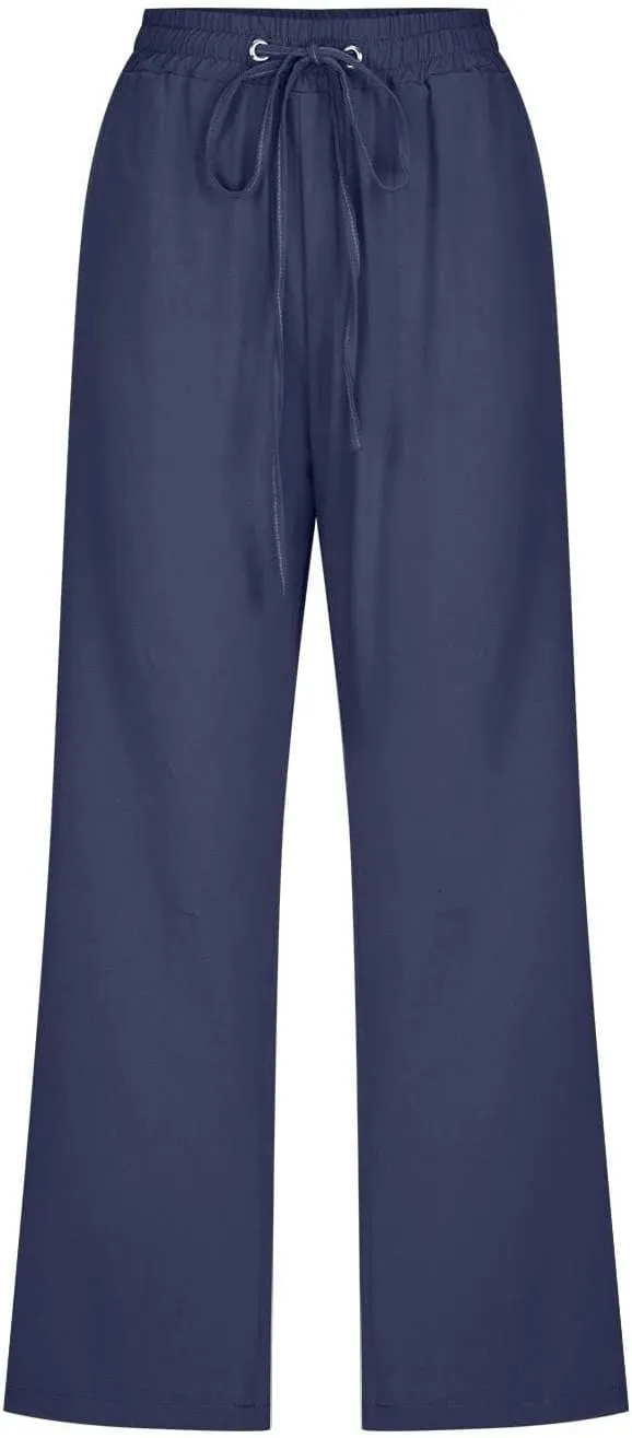 Linen Capri Pants for Women High Waisted Beach Pants Pull on Summer Pants Drawstring Loose Casual Pants with Pockets