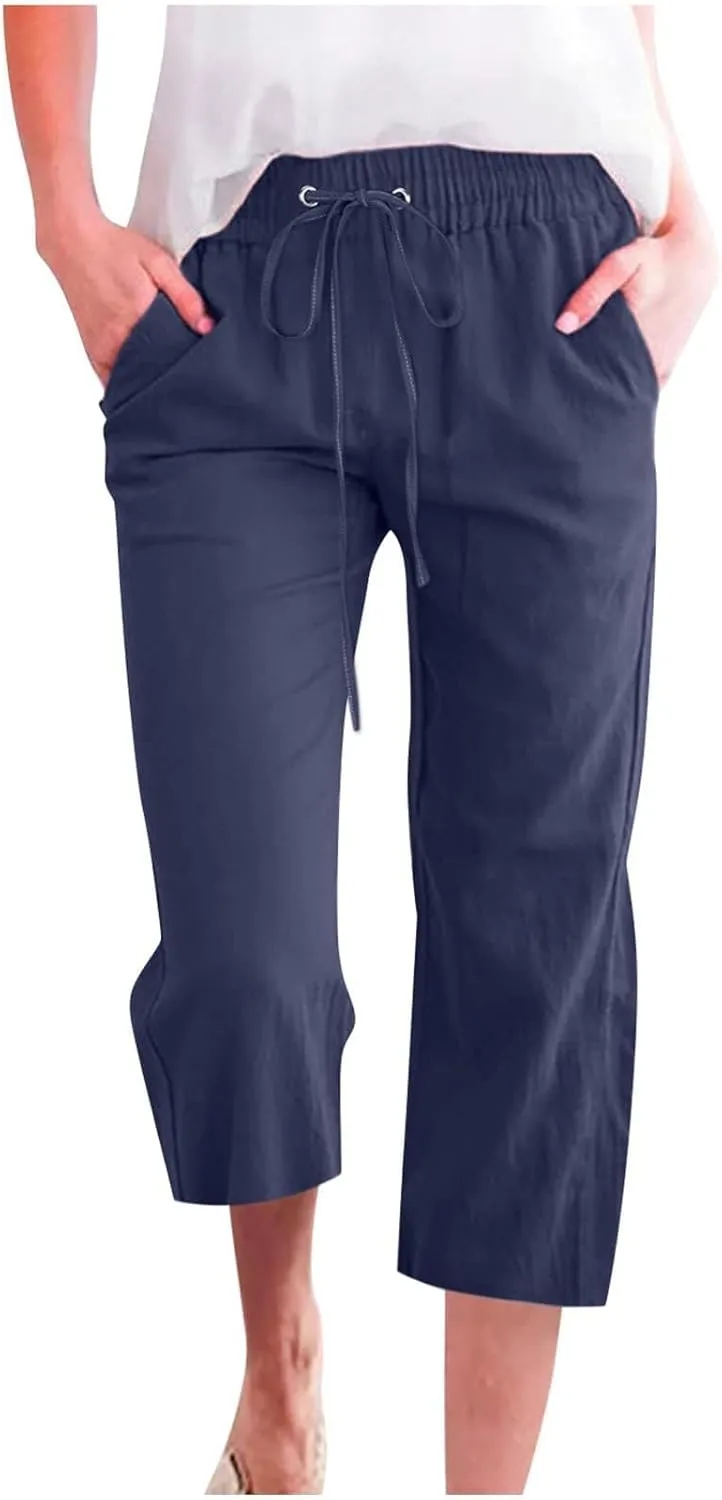 Linen Capri Pants for Women High Waisted Beach Pants Pull on Summer Pants Drawstring Loose Casual Pants with Pockets