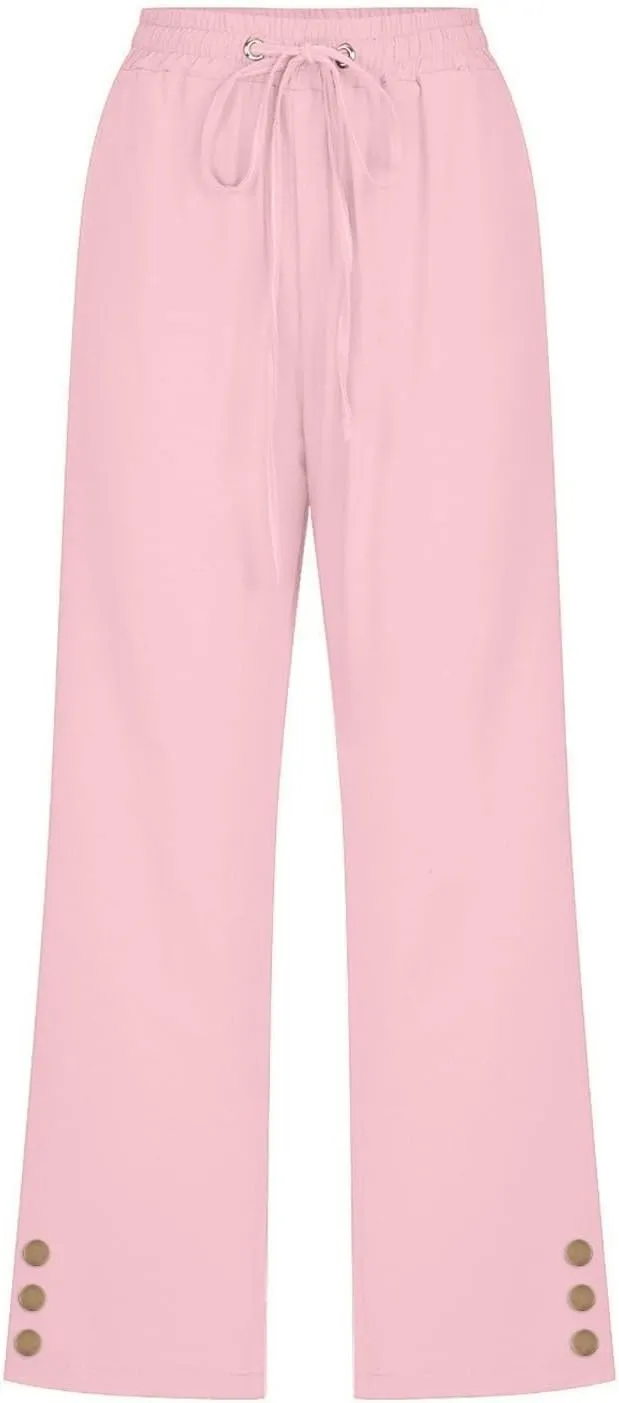 Linen Capri Pants for Women High Waisted Beach Pants Pull on Summer Pants Drawstring Loose Casual Pants with Pockets