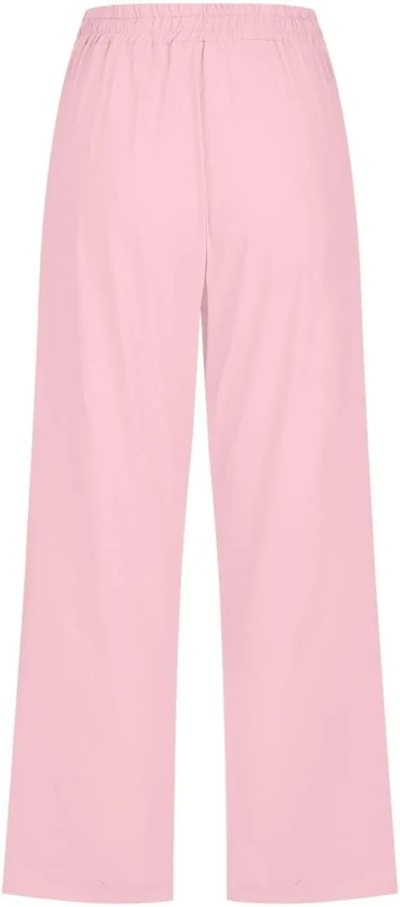 Linen Capri Pants for Women High Waisted Beach Pants Pull on Summer Pants Drawstring Loose Casual Pants with Pockets