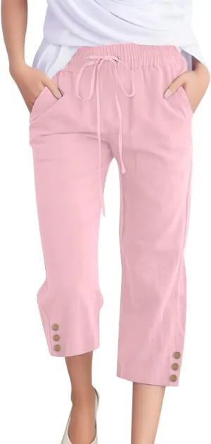 Linen Capri Pants for Women High Waisted Beach Pants Pull on Summer Pants Drawstring Loose Casual Pants with Pockets