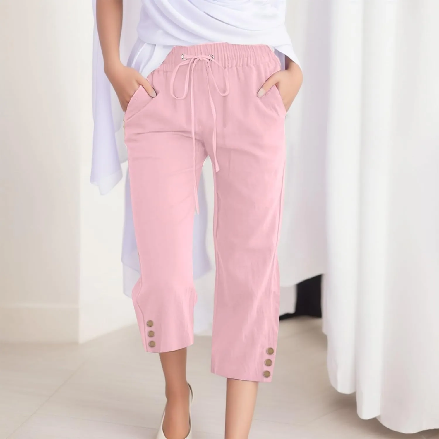 Linen Capri Pants for Women High Waisted Beach Pants Pull on Summer Pants Drawstring Loose Casual Pants with Pockets