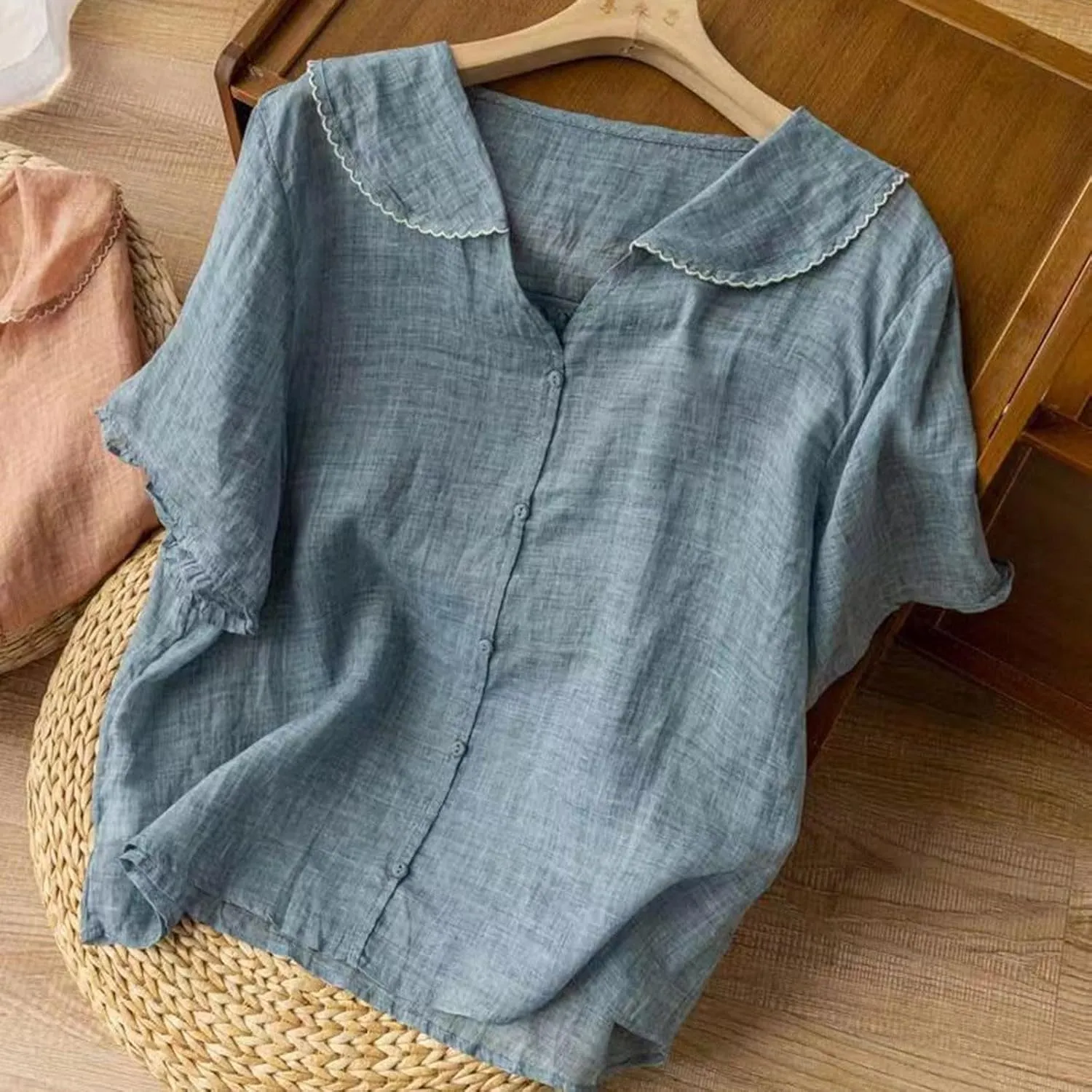 Linen Cotton Womens Long Sleeve Shirts Classic Fit 3/4 Length Sleeve Crew Neck Slim Basic Blouses