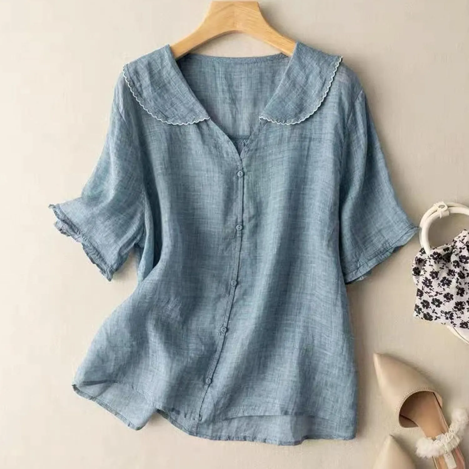 Linen Cotton Womens Long Sleeve Shirts Classic Fit 3/4 Length Sleeve Crew Neck Slim Basic Blouses