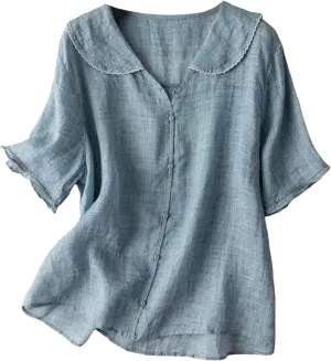 Linen Cotton Womens Long Sleeve Shirts Classic Fit 3/4 Length Sleeve Crew Neck Slim Basic Blouses
