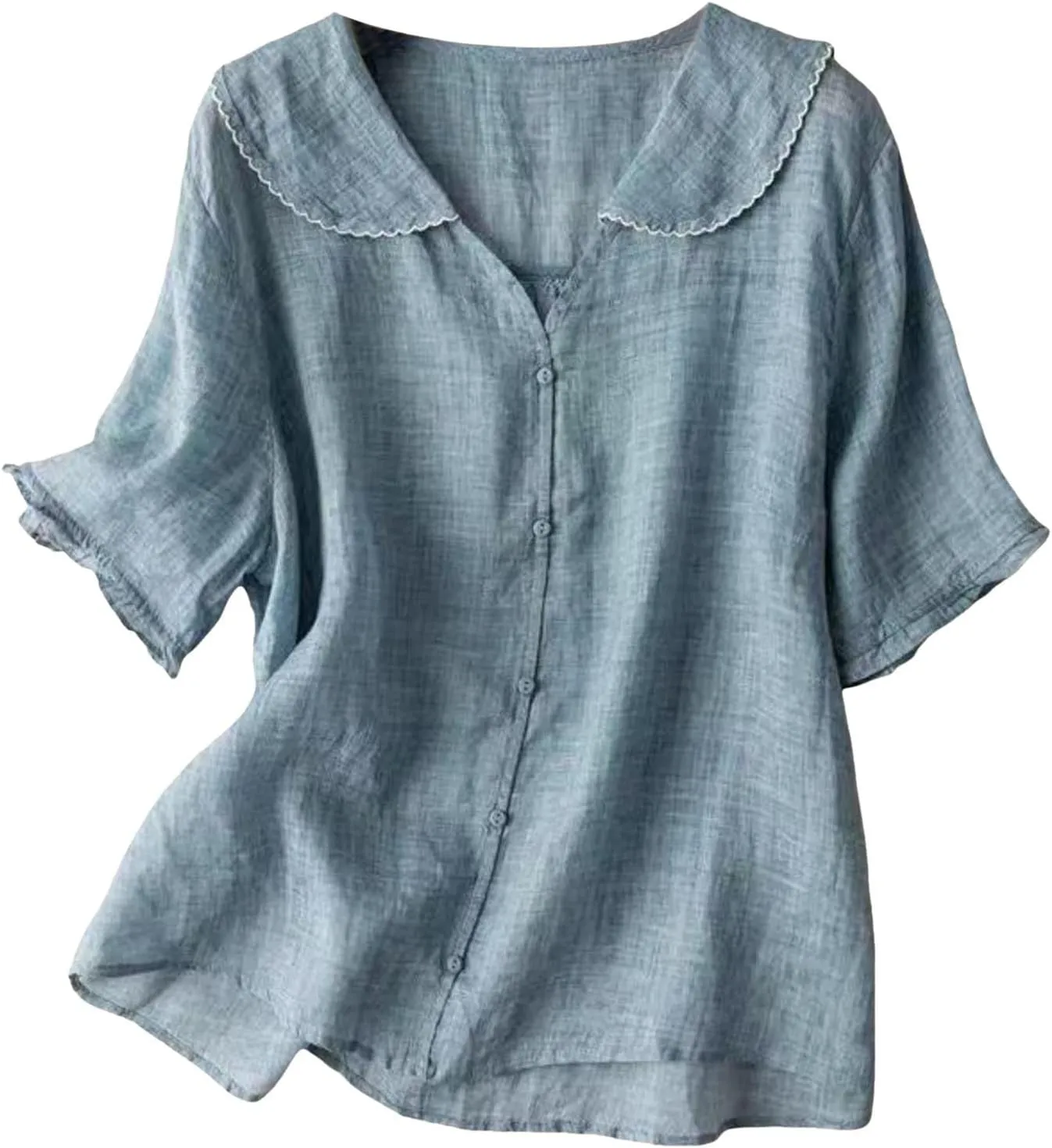 Linen Cotton Womens Long Sleeve Shirts Classic Fit 3/4 Length Sleeve Crew Neck Slim Basic Blouses