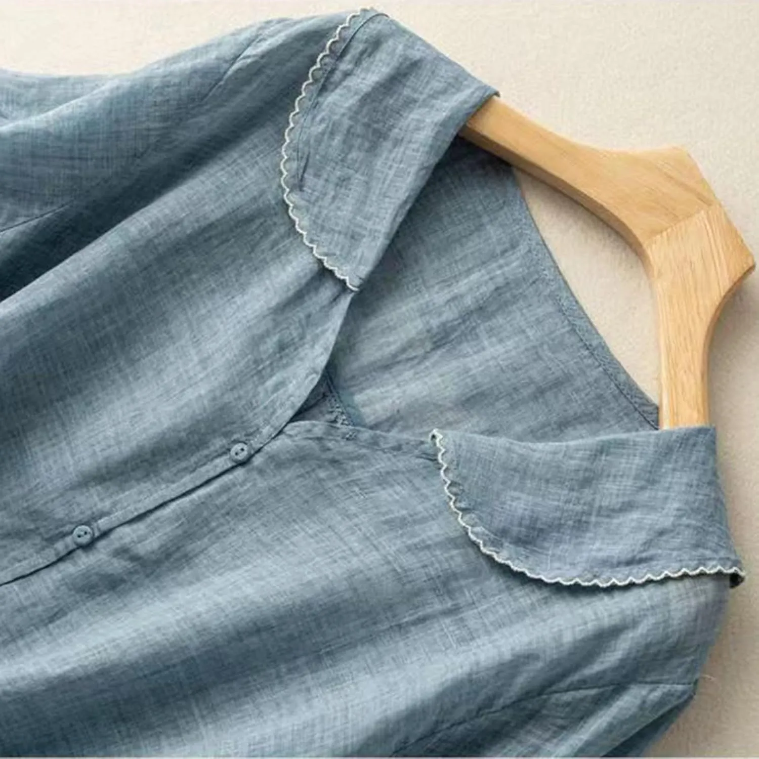 Linen Cotton Womens Long Sleeve Shirts Classic Fit 3/4 Length Sleeve Crew Neck Slim Basic Blouses