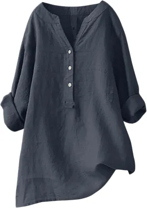 Linen Cotton Womens Long Sleeve Shirts Slim Basic Bell Sleeve Crewneck Flowy T Shirts
