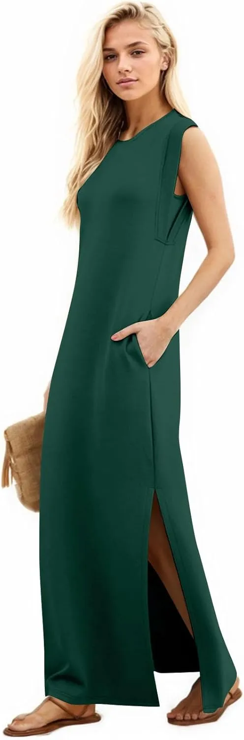 Long Maxi Dresses for Women Summer Casual Dress Crewneck Sleeveless Sundress Loose Fit Split Beach Dress with Pocket