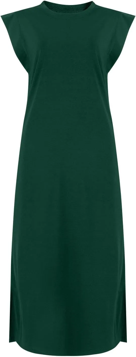 Long Maxi Dresses for Women Summer Casual Dress Crewneck Sleeveless Sundress Loose Fit Split Beach Dress with Pocket