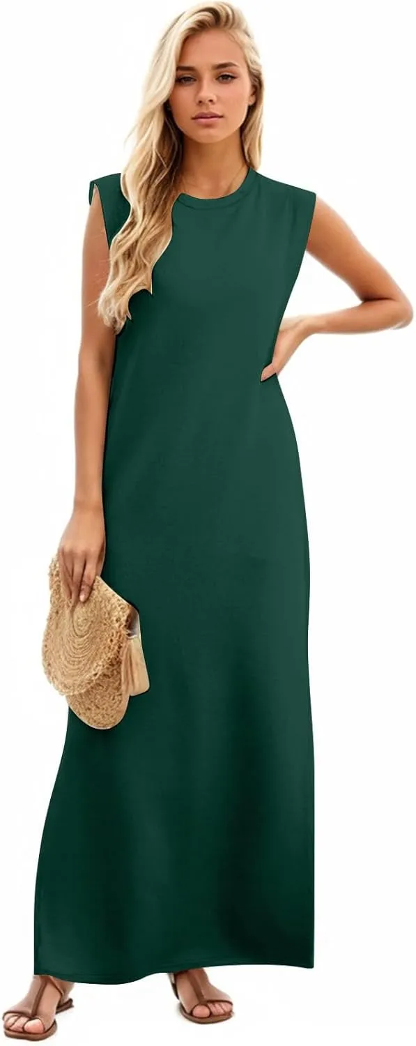 Long Maxi Dresses for Women Summer Casual Dress Crewneck Sleeveless Sundress Loose Fit Split Beach Dress with Pocket