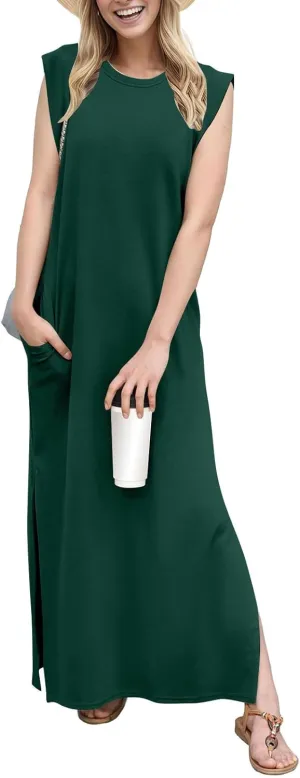 Long Maxi Dresses for Women Summer Casual Dress Crewneck Sleeveless Sundress Loose Fit Split Beach Dress with Pocket