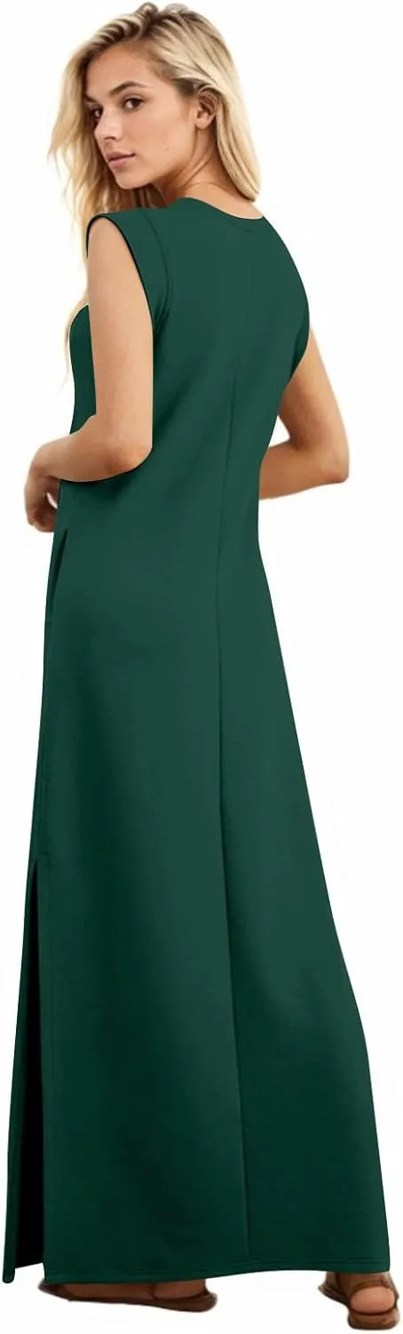 Long Maxi Dresses for Women Summer Casual Dress Crewneck Sleeveless Sundress Loose Fit Split Beach Dress with Pocket
