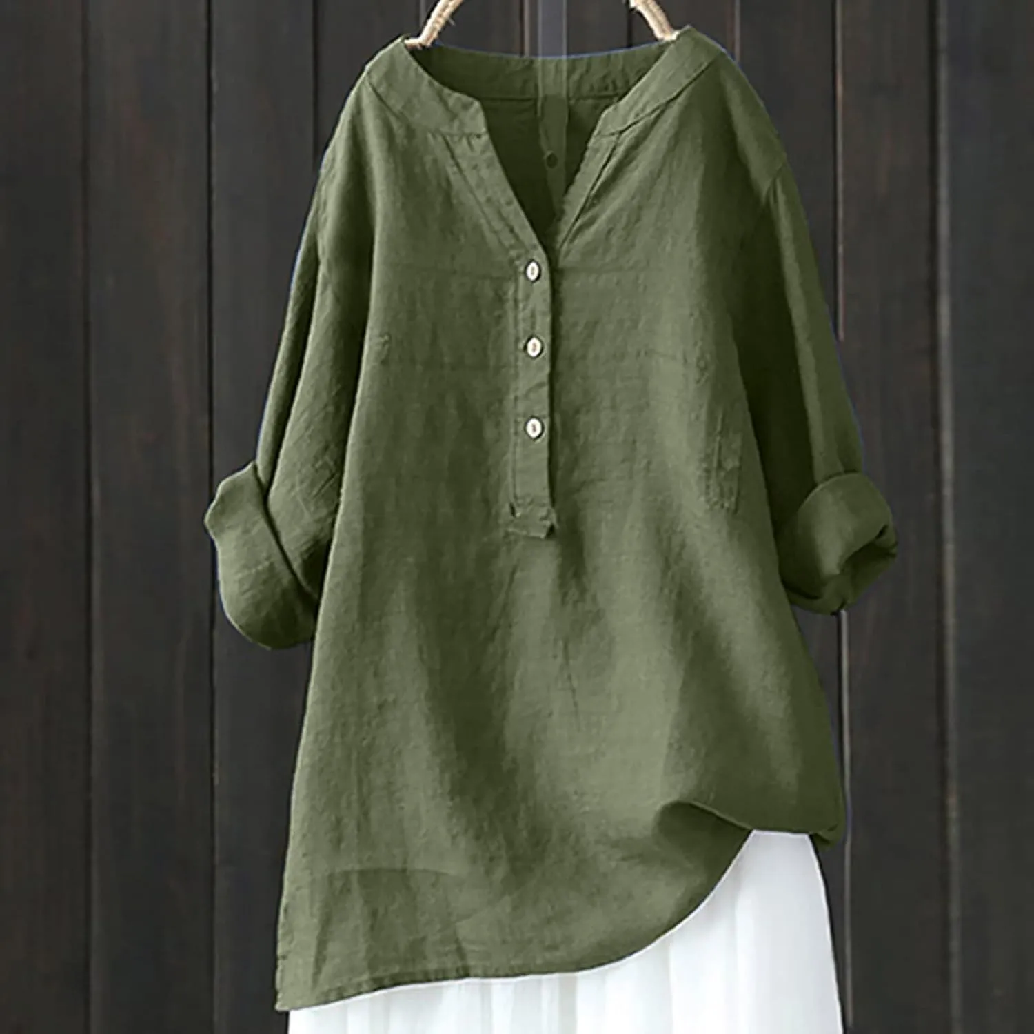 Long Sleeve Shirts for Women Cotton Linen Plus Size Sexy Fashion V-Neck Button Blouse Stylish Loose Tops Summer Solid