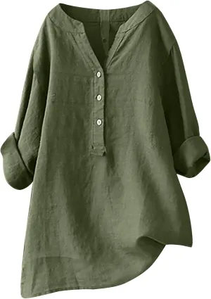 Long Sleeve Shirts for Women Cotton Linen Plus Size Sexy Fashion V-Neck Button Blouse Stylish Loose Tops Summer Solid