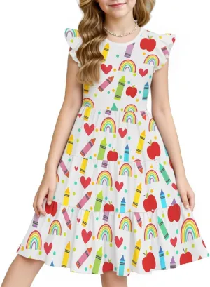 LQSZ Girls Summer Dresses with Ruffle Short Sleeve Midi Casual A-Line Twirly School Sundress Size 3-12 Years