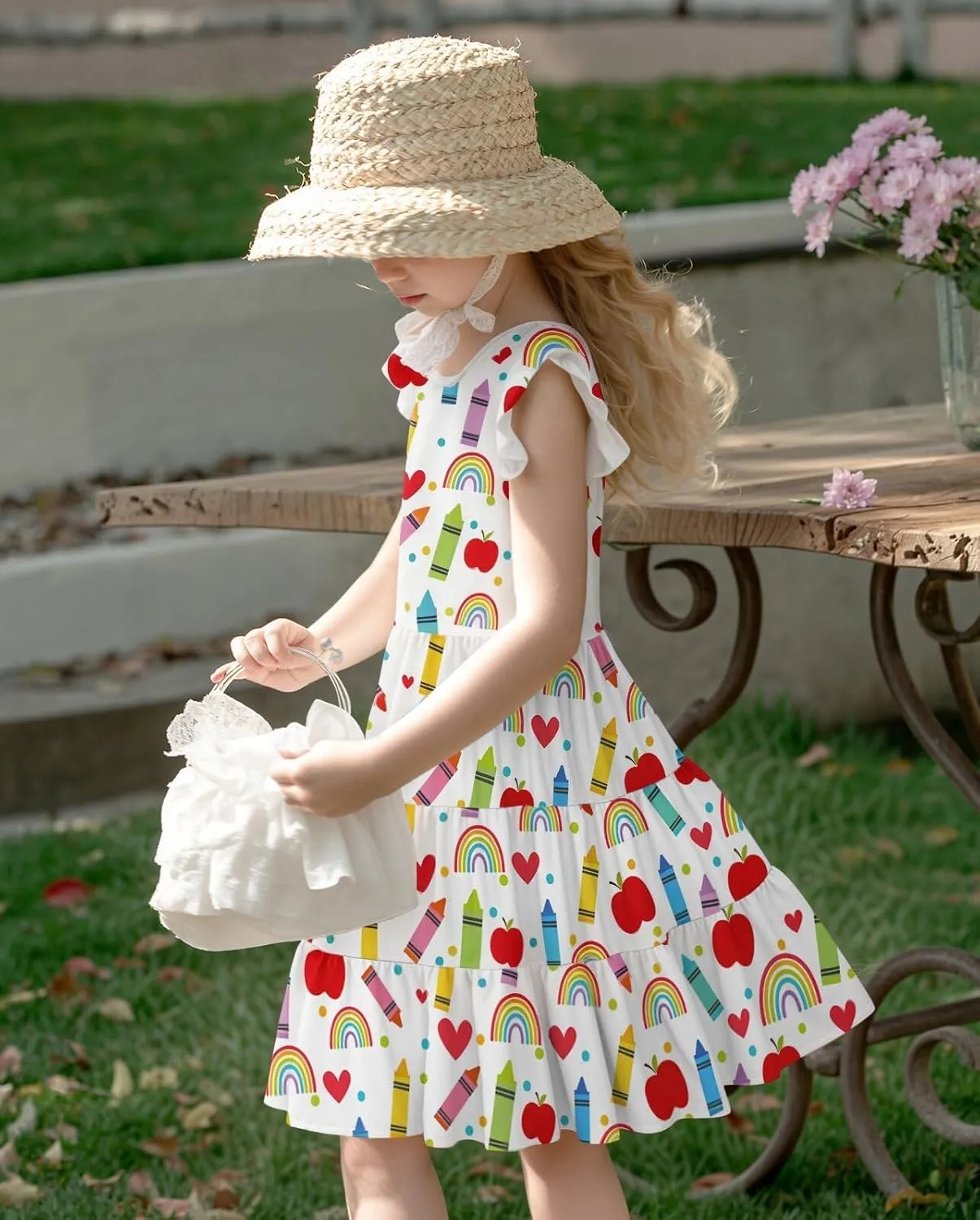 LQSZ Girls Summer Dresses with Ruffle Short Sleeve Midi Casual A-Line Twirly School Sundress Size 3-12 Years