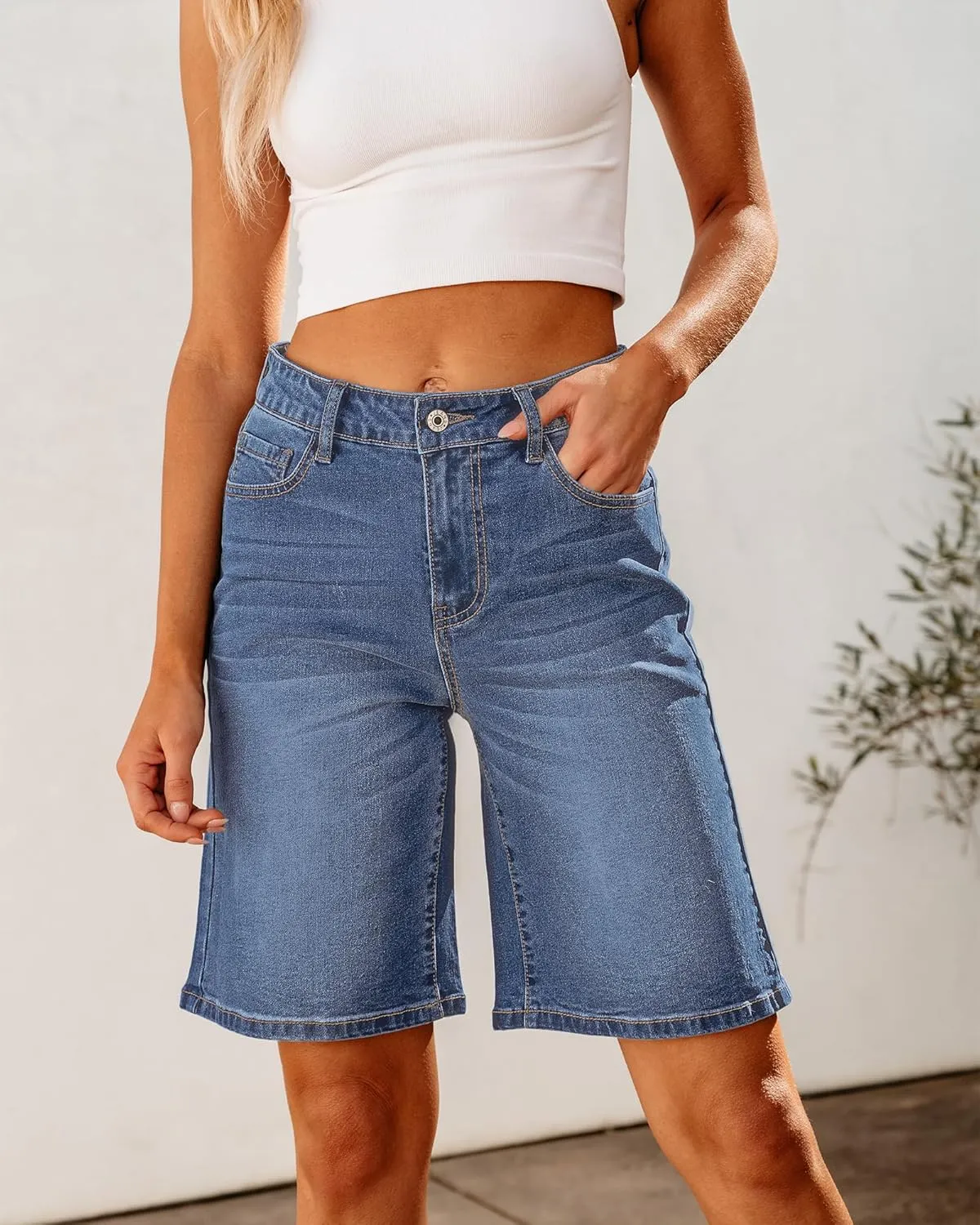 luvamia Bermuda Jean Shorts for Women High Waisted Trendy Stretchy Denim Shorts Knee Length Cutoff Loose Fit Long Shorts