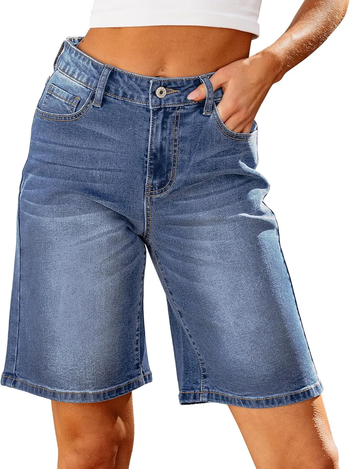 luvamia Bermuda Jean Shorts for Women High Waisted Trendy Stretchy Denim Shorts Knee Length Cutoff Loose Fit Long Shorts