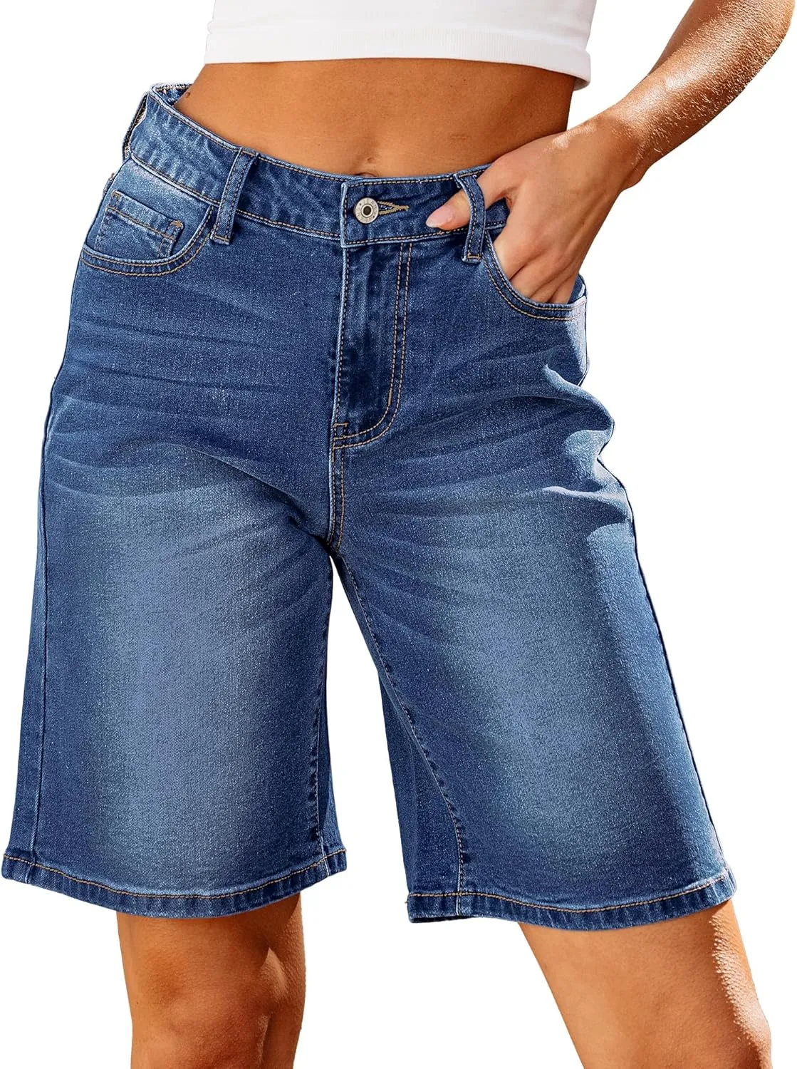 luvamia Bermuda Jean Shorts for Women High Waisted Trendy Stretchy Denim Shorts Knee Length Cutoff Loose Fit Long Shorts