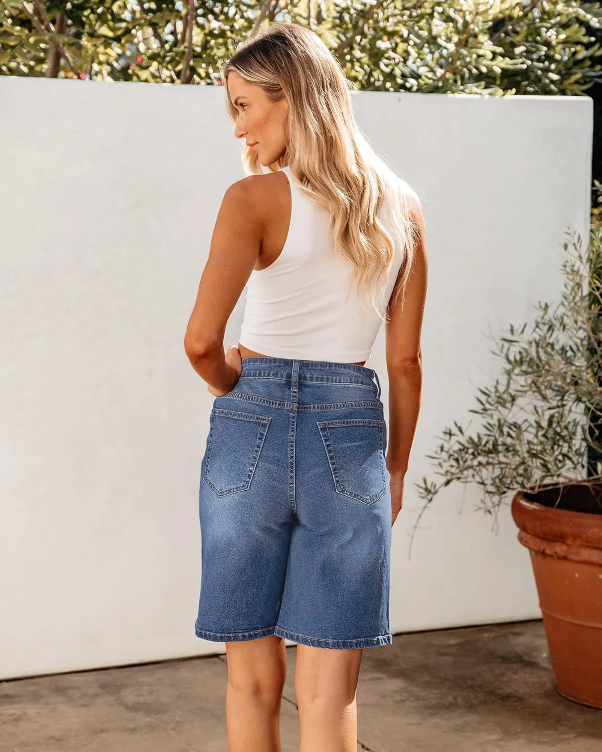 luvamia Bermuda Jean Shorts for Women High Waisted Trendy Stretchy Denim Shorts Knee Length Cutoff Loose Fit Long Shorts