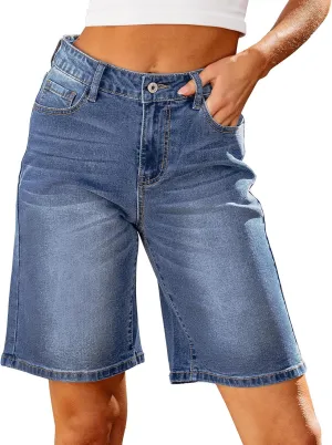 luvamia Bermuda Jean Shorts for Women High Waisted Trendy Stretchy Denim Shorts Knee Length Cutoff Loose Fit Long Shorts