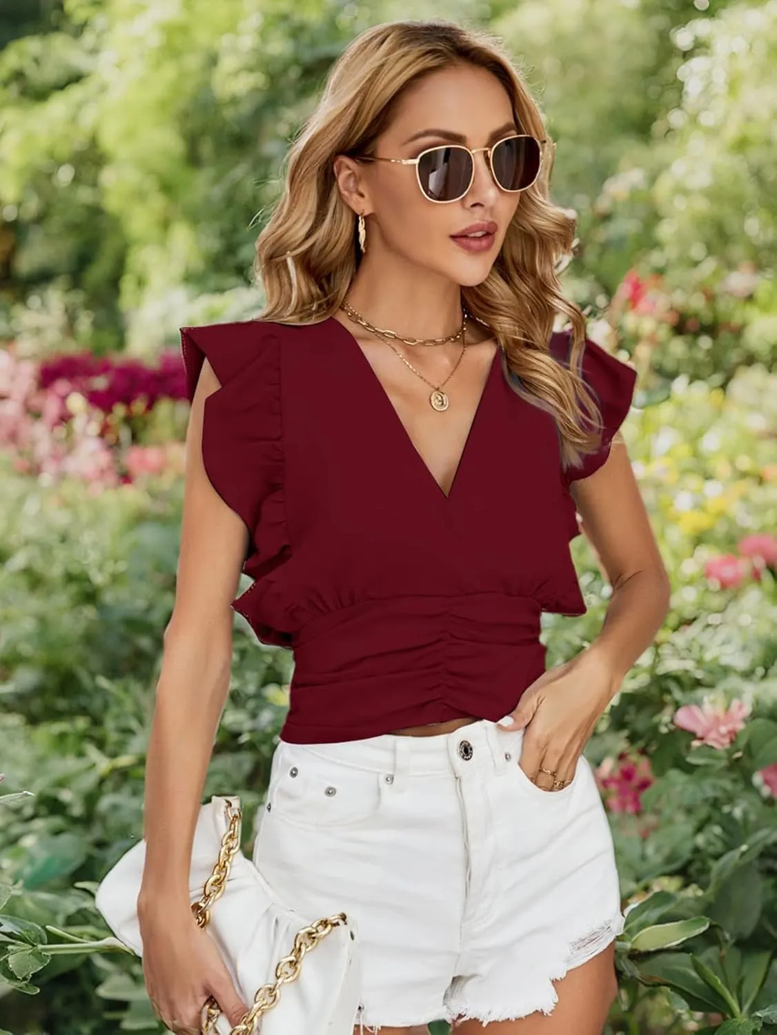 LYANER Womens Wrap V Neck Ruffle Cap Sleeve Crop Top Shirred Hem Sleeveless Blouse Tank Top