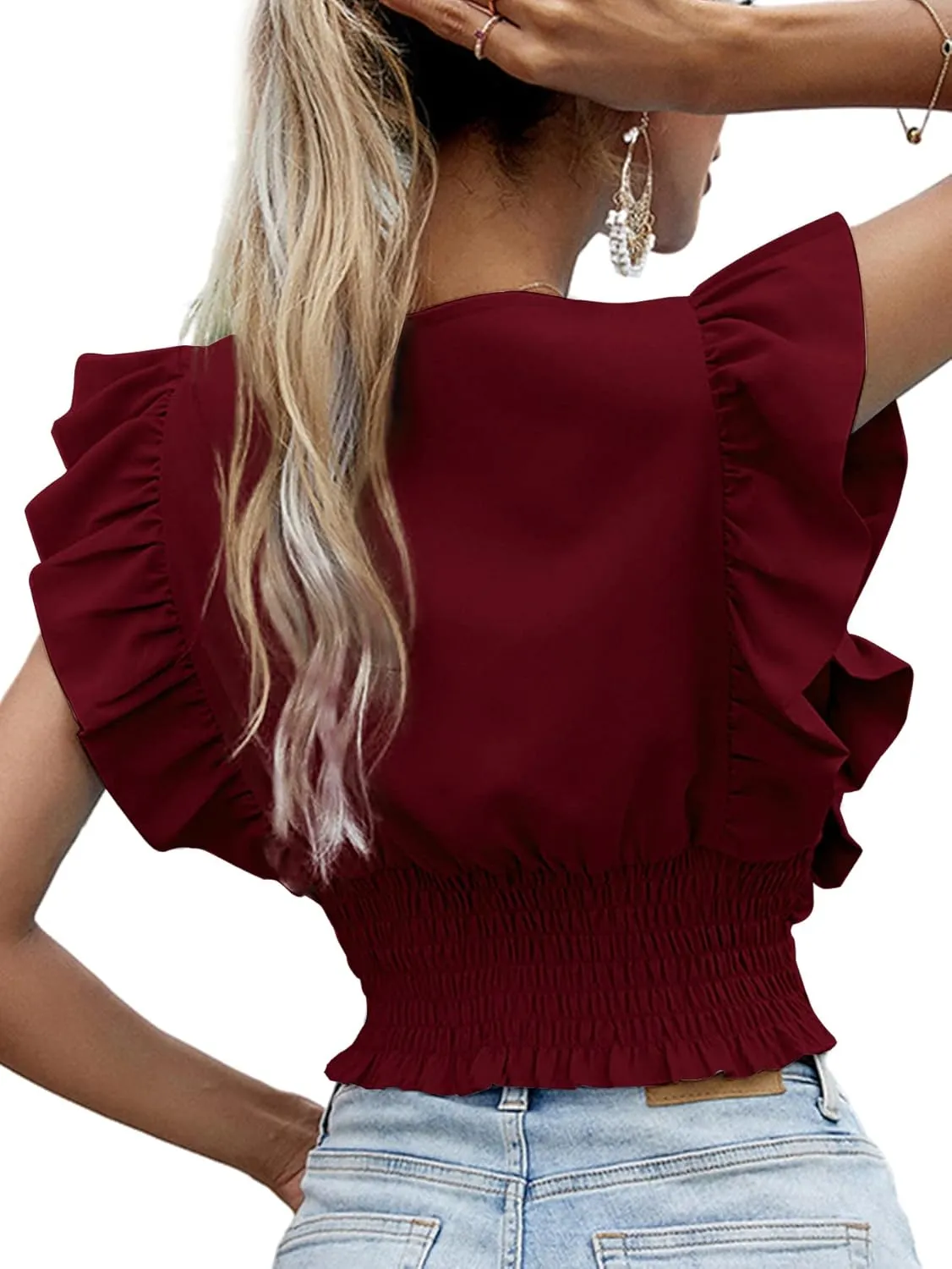 LYANER Womens Wrap V Neck Ruffle Cap Sleeve Crop Top Shirred Hem Sleeveless Blouse Tank Top