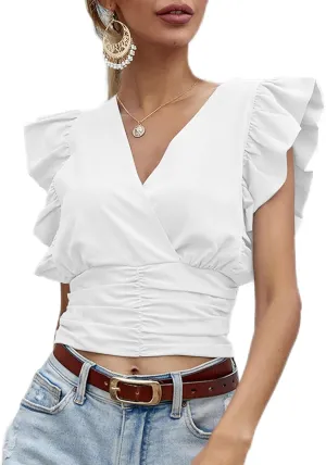 LYANER Womens Wrap V Neck Ruffle Cap Sleeve Crop Top Shirred Hem Sleeveless Blouse Tank Top