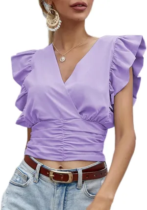 LYANER Womens Wrap V Neck Ruffle Cap Sleeve Crop Top Shirred Hem Sleeveless Blouse Tank Top
