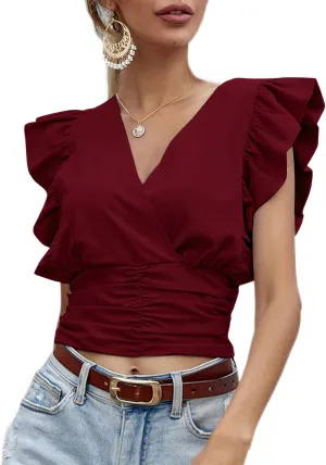LYANER Womens Wrap V Neck Ruffle Cap Sleeve Crop Top Shirred Hem Sleeveless Blouse Tank Top
